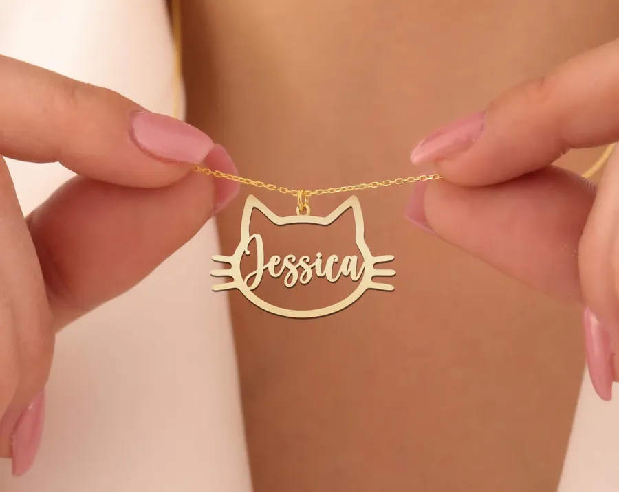 Custom Cat Name Necklace: Personalized Kitty Face Pendant in Script