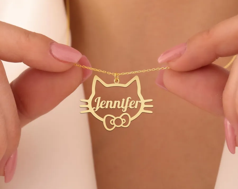 Custom Cat Name Necklace with Bow - Personalized Kitty Jewelry