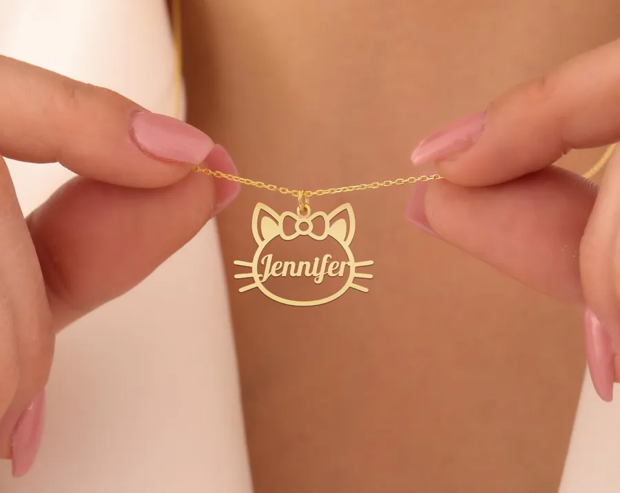 Personalized Cat Name Necklace with Bow in Sterling Silver