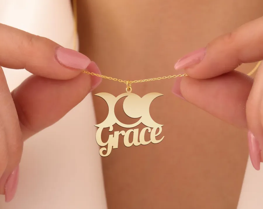 Triple Moon Name Necklace: Personalized Moon Goddess Pendant in Sterling Silver