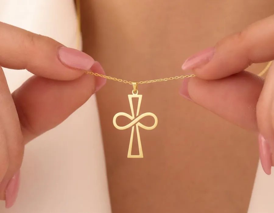 Infinity Cross Necklace: Handmade Sterling Silver Gold Finish Symbol Pendant