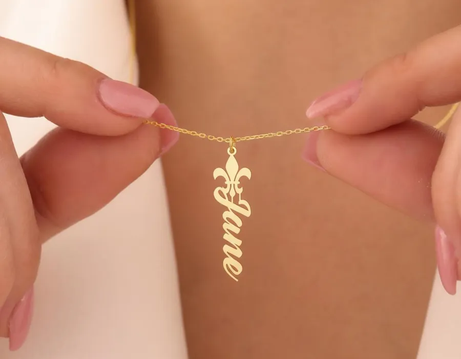 Fleur De Lis Pendant Necklace with Custom Name in Gold Plated Silver