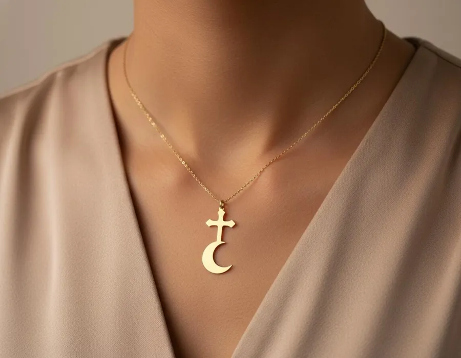 Cross and Crescent Moon Necklace – Gold Plated Faith Pendant