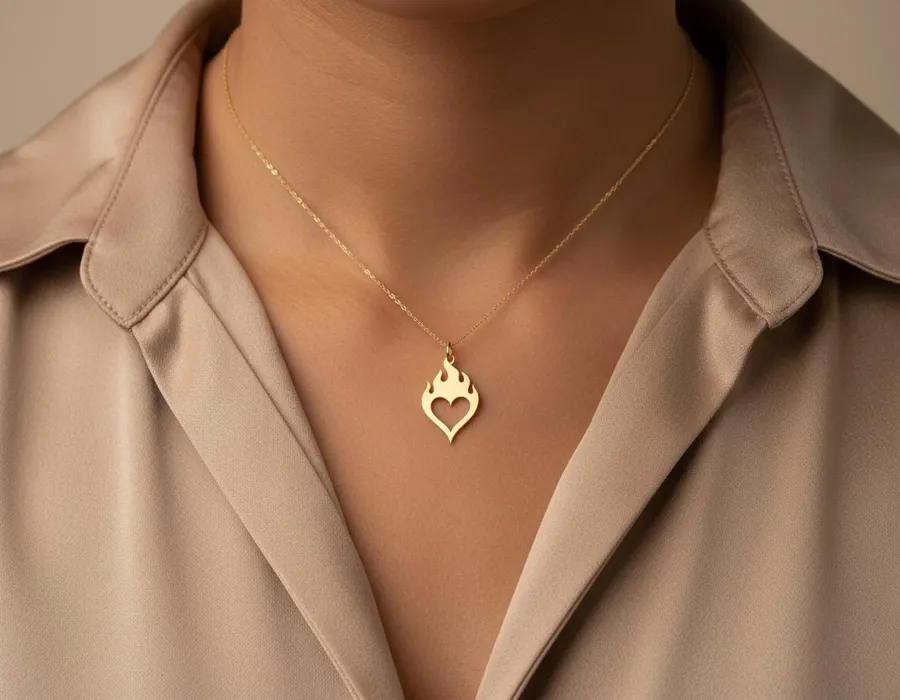 Flame Heart Necklace – Gold Finish Delicate Pendant
