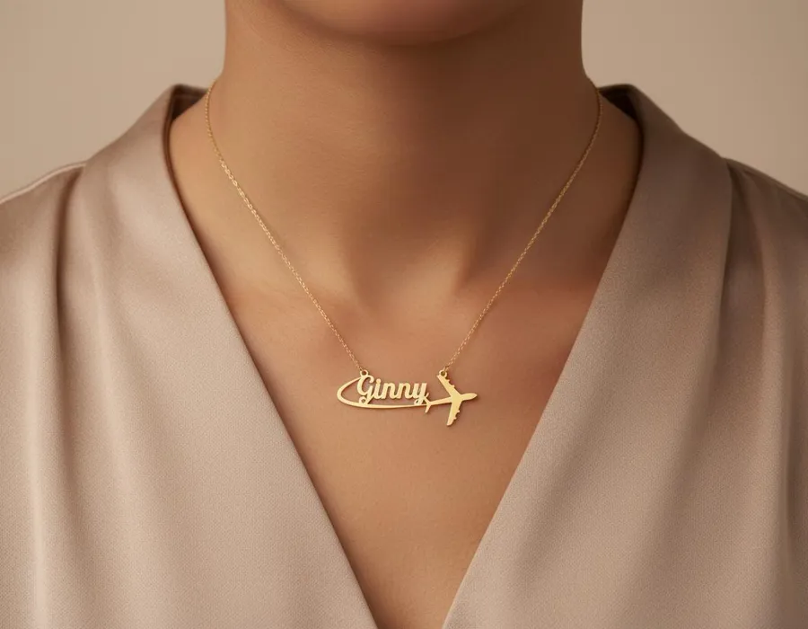 Personalized Airplane Necklace – Travel Name Pendant in Gold Plated Silver