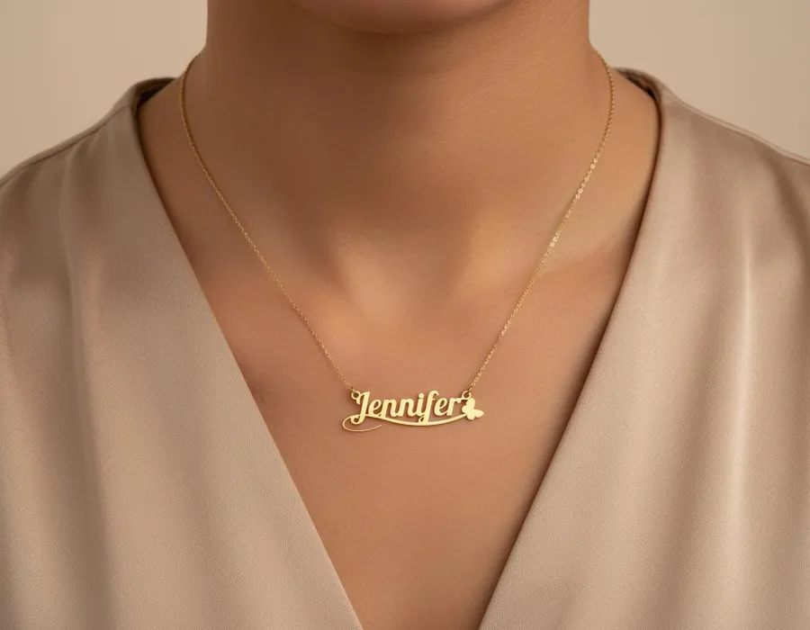 Personalized Name Necklace with Butterfly Detail in Gold Plating