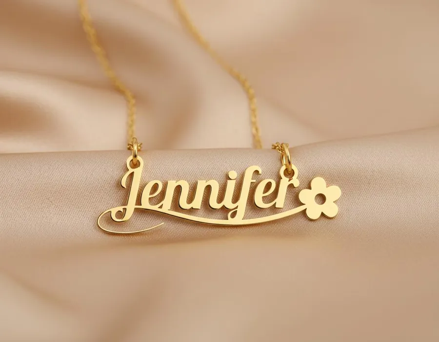 Personalized Name Necklace with Floral Design in Gold Plated Sterling Silver